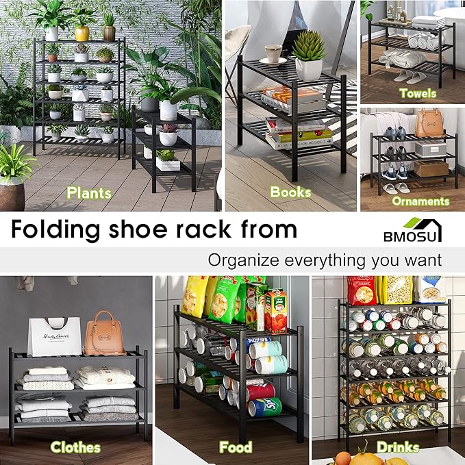BMOSU 3-Tier Bamboo Shoe Rack Premium Stackable Shoe Shelf Storage Organizer for Hallway Closet Living Room Entryway Organizer (Black Bamboo)-NeatNest