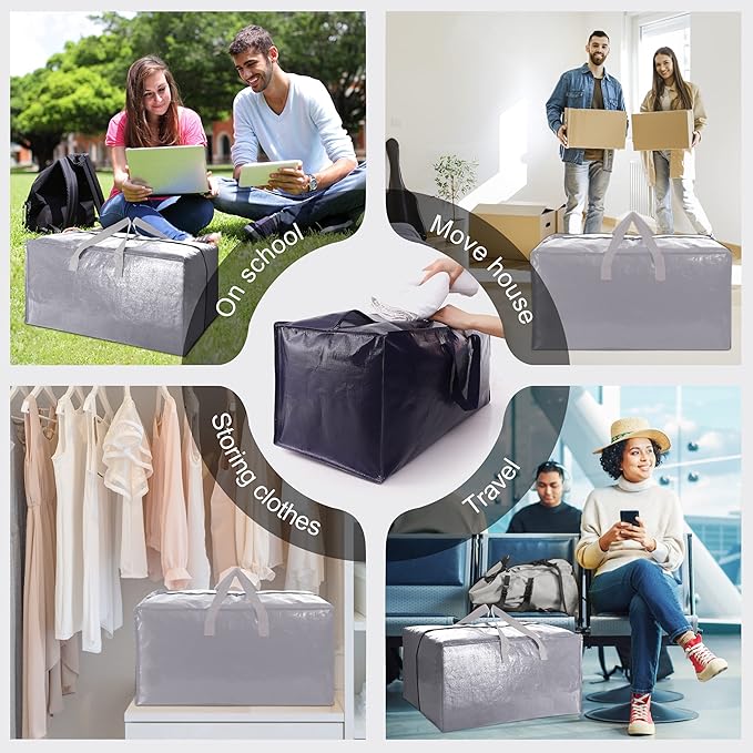 12 Pack Heavy Duty Extra Large Moving Bags W/Backpack Straps - Strong Handles & Zippers, Storage Totes For Space Saving, Fold Flat, Alternative to Moving Box and Storage Bin, Silver