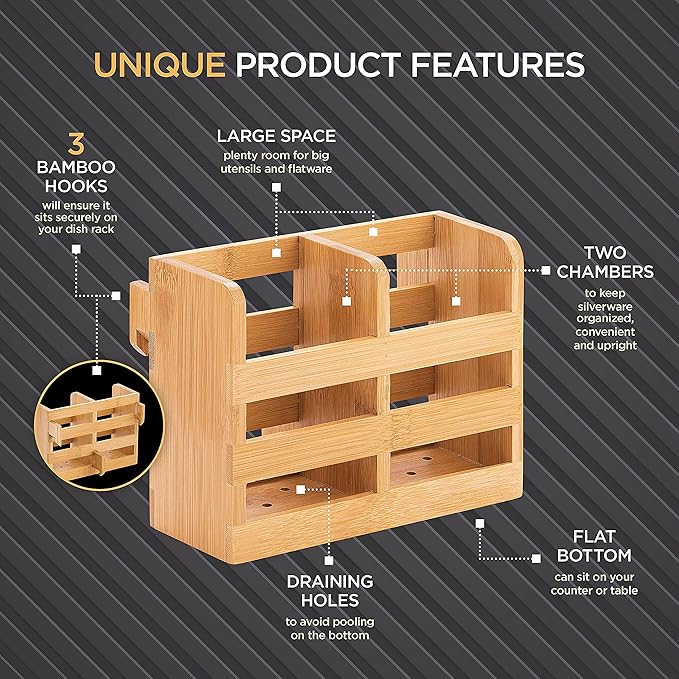 Bamboo Utensil Holder for Dish Rack - Flatware, Cutlery and Utensil Drying Caddy - Fits Bambusi Bamboo Dish Drying Racks Natural