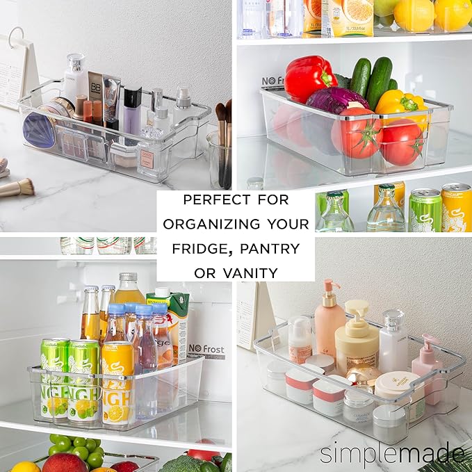 SIMPLEMADE Clear Refrigerator Organizer Bins - Clear Bins for Fridge, Containers for Fridge and Freezer, Multipurpose Storage for Kitchen, Office, Bathroom, Silver Rim (8.5" x 14.6")
