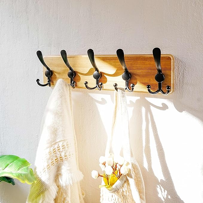 Dseap Coat Rack Wall Mount - Heavy-Duty Robust Rustic Wooden Wall Coat Hanger Hook Rail with 5 Triple Hooks for Winter Jacket & Hat Clothing, Light Brown & Black