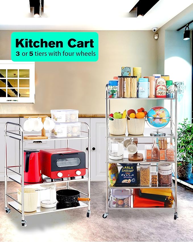Susunnus Stainless Steel Cart with Wheels - 5 Tier, Movable, Suitable for Various Occasions, Gift Tools