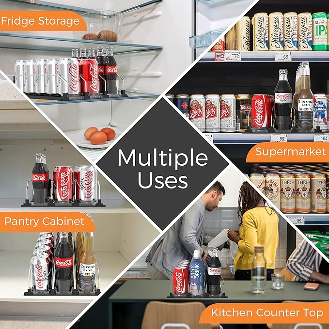 3 Rows Drink Organizer for Fridge, 15'' Soda Can Dispenser for Refrigerator with Pusher Glide, Width Adjustable Fridge Can Organization Hold Up to 25 Cans (Black)