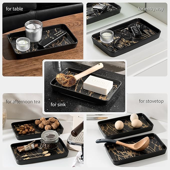 Bathroom Vanity Tray for Countertop,2PC Rectangle Marble Tray Set,Decorative Bathroom Organizer for Scrubber, Lotion Bottles, Perfume, Jewelry, Candle, Key Trinket Ring(Large,Black)-NeatNest