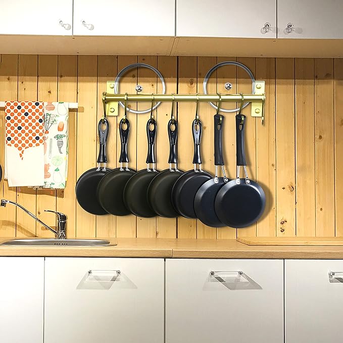 Dseap Kitchen Utensil Holder Hanger, Pot and Pan Rack Wall Mounted, Kitchen Rail with 8 Hooks for Hanging Cooking Utensils, Mugs, Spoons, Wall Mounted, Champagne Color, Pack of 2-NeatNest