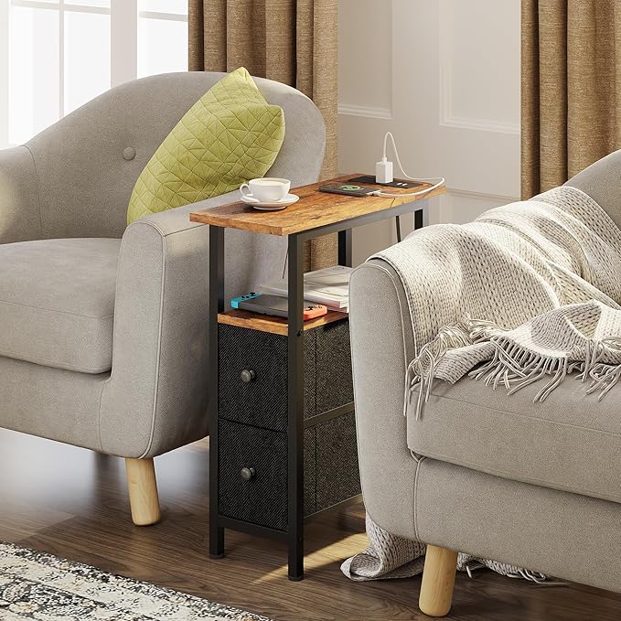 End Table with Charging Station, Narrow Side Table with 2 Fabric Drawers, Skinny Nightstand with LED Light, Slim Bedside Table for Bedroom, Living Room, Small Spaces, Rustic Brown and Black