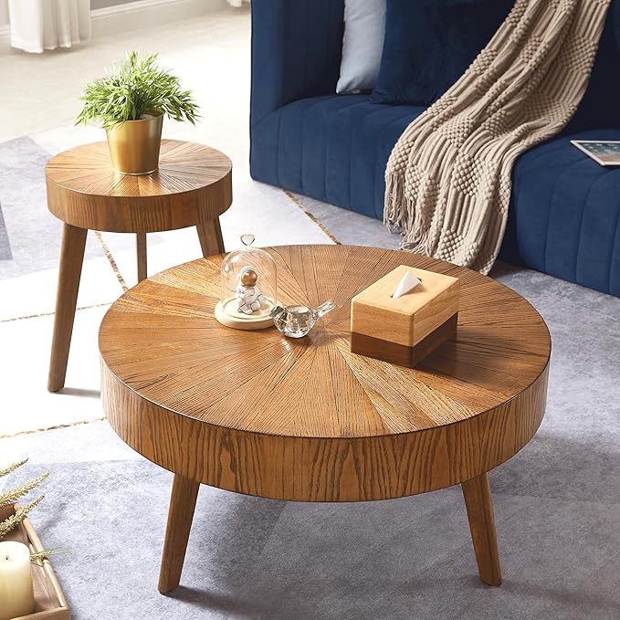 Gexpusm Round Wood Coffee Table Set of 2, Farmhouse Solid Wood Coffee Table & End Table Side Table for Living Room, Circle Rustic End Table Set, No Need Assembly (2 Piece, 31x31x16 in)