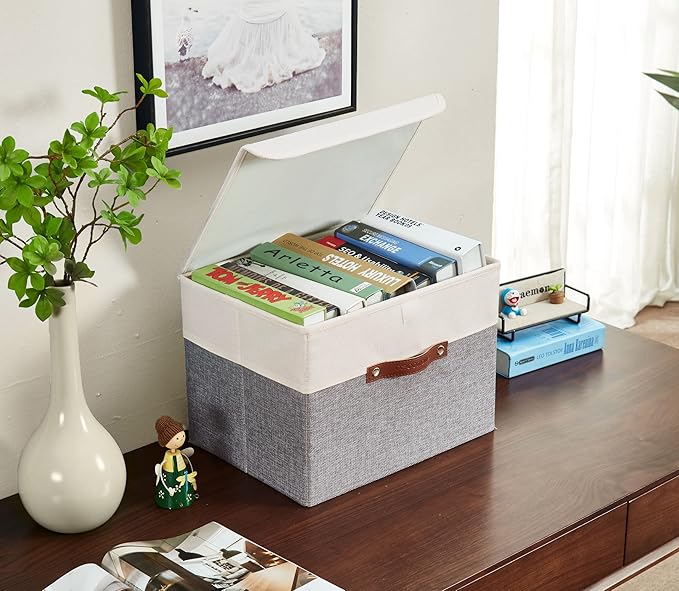 DECOMOMO Fabric Storage Bins with Lid, Storage Baskets for Shelves Toy Box (Grey and White, 3 Pack)-NeatNest