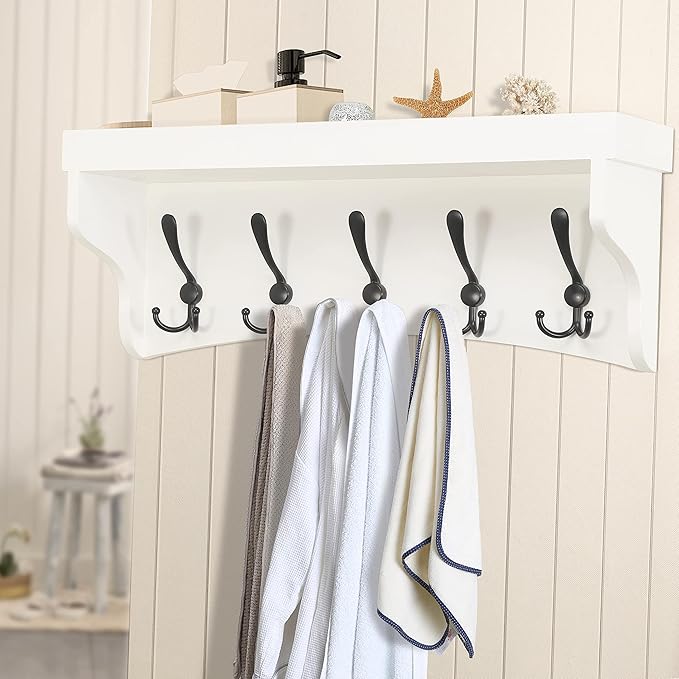 Dseap Coat Rack Wall Mounted With 5 Tri Hooks 24-Inch Heavy Duty Wood Entryway Shelf, Coat Hanger, White & Black