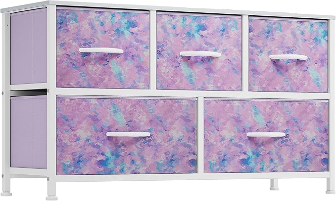 DWVO Dresser with 5 Drawers - Fabric Storage Tower, Organizer Unit for Bedroom, Living Room, Closets - Sturdy Steel Frame, Wooden Top (Purple)-NeatNest