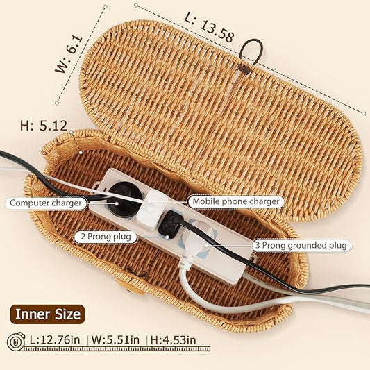 Cable Management Box, Handwoven Faux Rattan Cord Organizer Box with Lid, 2 Open Slots Cable Organizer Box, Decorative Cord Hider Box for Tv Computer USB Hub & Power Strip Holder-NeatNest