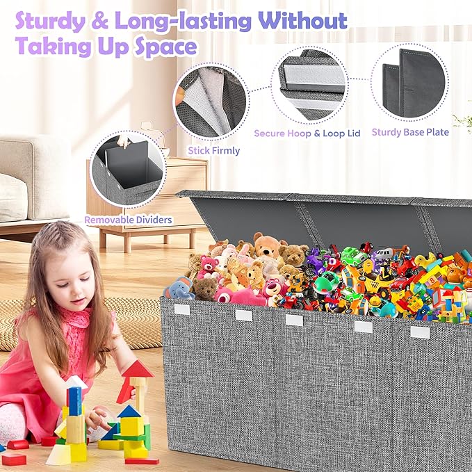 Extra Large Toy Box, Collapsible Sturdy Kids Toy Chest for Boys, Girls, 40"x14"x16" Storage Organizer Toddler Storage Bins with Lids, Toybox Basket for Living Room, Bedroom, Nursery, Gray