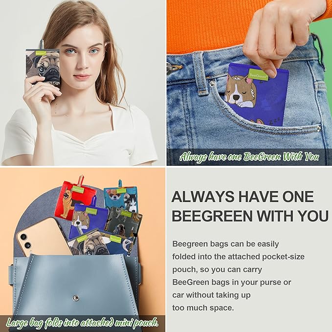 BeeGreen Cute Dog Cloth Gift Bags - Reusable Grocery Bag with Handles Foldable Washable 6 Pack - Extra Large Heavy Duty Tote Bag for Groceries (Bulk Holiday Packable Travel) - Shopping Bags for Women-NeatNest