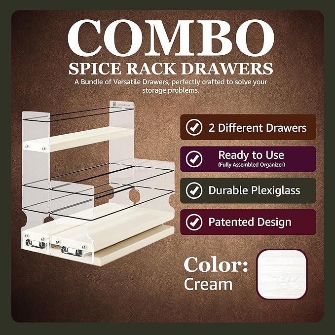 Vertical Spice Combo Spice Rack Drawer - Pull Out Pantry Organizers and Storage - Kitchen Cabinet Organizer - Seasoning Sliding Caddy - Made in USA (5.75" W x 9.25" H x 10.60" D, Assembled)