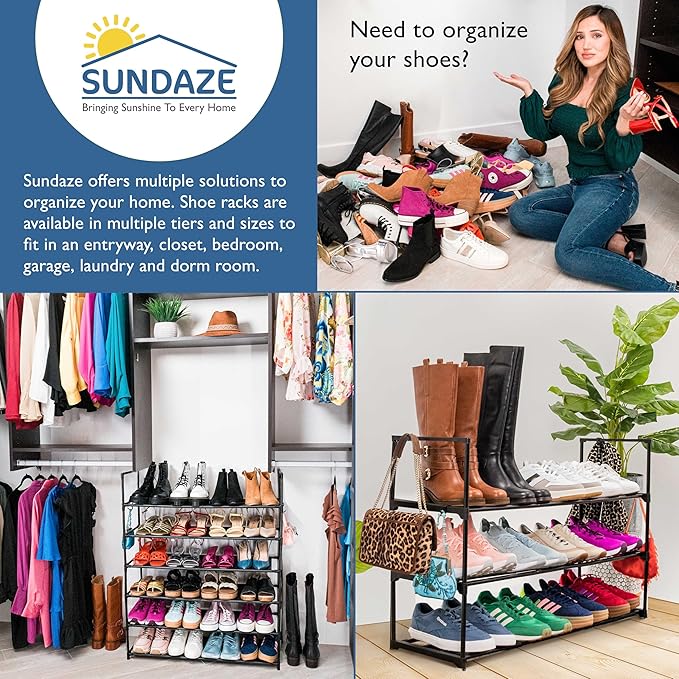 Sundaze Shoe Rack - 3 Tier Metal Shoe Rack for Front Door Entrance, Sturdy Long Shoe Organizer for Closet, Bedroom, Entryway, Garage, Black Metal Shoe Shelf, Holds Up to 15 Pairs-NeatNest