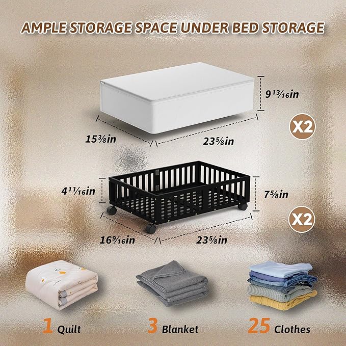 Bamboo Under Bed Storage Containers with Wheels, 2 Pack Under the Bed Shoe Storage Bins, Wood Rolling Underbed Drawers Organizer for Bedroom, Closet, Clothes Blanket Comforter and Under Crib Toy Black-NeatNest