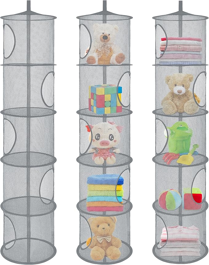 3Pcs Stuffed Animal Storage Foldable Stuffed Animal Net or Hammock Organizer, 5 Compartments Hanging Mesh Toy Storage Hammock for Kid Room Toys, Gloves, Hats, Socks(Grey)-NeatNest