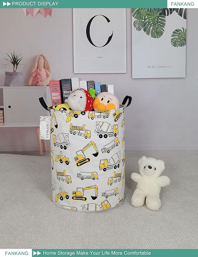FANKANG Storage Basket, Nursery Hamper Canvas Laundry Basket Foldable with Waterproof PE Coating Large Storage Baskets for Kids Boys and Girls, Office, Bedroom, Clothes,Toys(excavator)