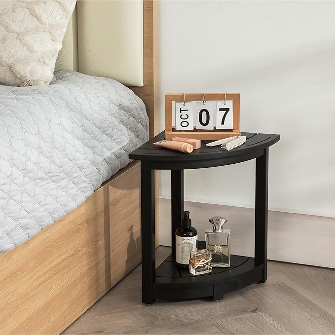 Acacia Corner Shower Stool, Waterproof Spa Foot Rest & Bath Bench with Storage Shelf & Soap Dish, Ideal for Bathroom, Shaving Legs, or as Small Corner Table/Step Stool (Black)