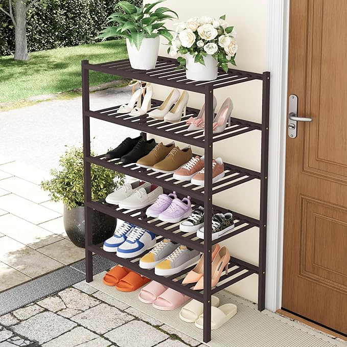 Smiry Shoe Rack, 5 Tier Thick Bamboo Shoe Organizer, Stackable Free Standing Wooden Shoe Storage Shelf for Closet, Entryway, Front Door Entrance, Brown-NeatNest