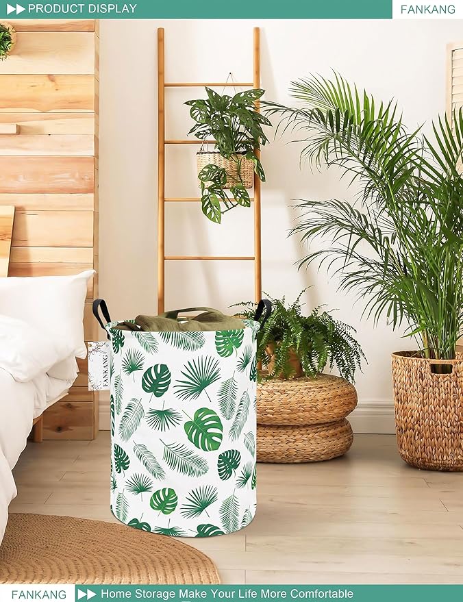 FANKANG Storage Basket, Nursery Hamper Canvas Laundry Basket Foldable with Waterproof PE Coating Large Storage Baskets for Kids Boys and Girls, Office, Bedroom, Clothes,Toys(Leaf)