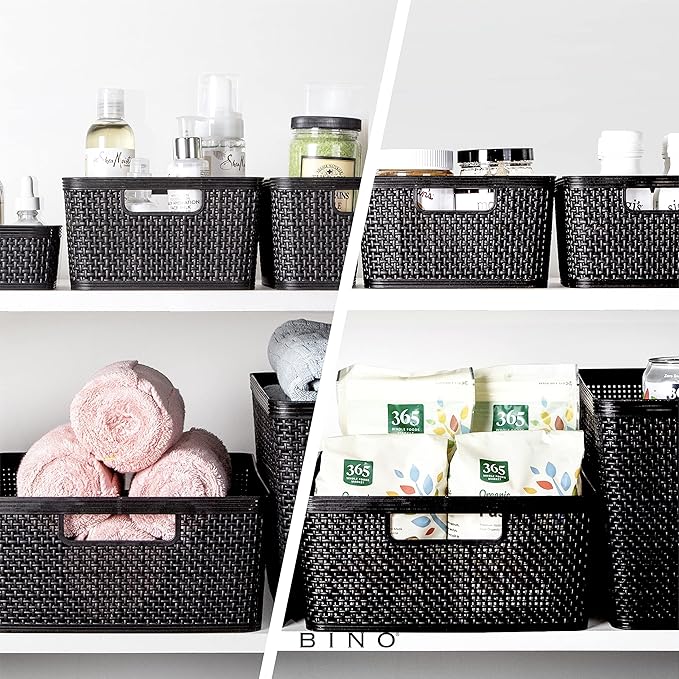 BINO | Woven Plastic Basket | Medium (Black), 4-Pack | THE JUTE COLLECTION | Home Organization, Space - Saving Storage, Stylish Design | Jute Basket | Plastic Storage Basket-NeatNest