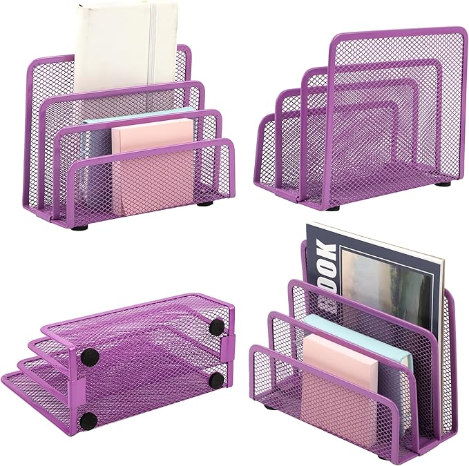 EASEPRES Desk Mail Organizer, Office Small Desktop Metal Mesh Envelope Letter Sorter Paper File Holder Organizer with 3 Vertical Upright Compartments, Purple 1 Pack