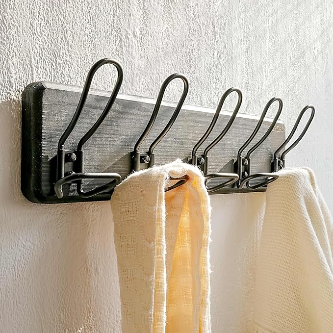 Dseap Coat Rack Wall Mounted - Heavy Duty Farmhouse Rustic Wall Coat Hanger With 5 Wire Hooks for Clothes Hat Jacket Towel, RusticWire, G25A, Black-NeatNest