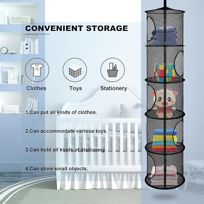 3Pcs Stuffed Animal Storage Foldable Stuffed Animal Net or Hammock Organizer, 5 Compartments Hanging Mesh Toy Storage Hammock for Kid Room Toys, Gloves, Hats, Socks(Black)-NeatNest
