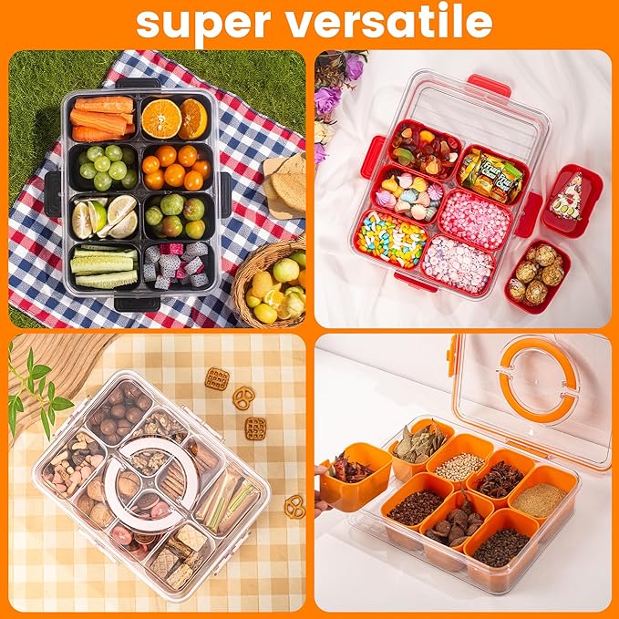Divided Serving Tray with Lid and Handle - Snackle Box Charcuterie Container for Portable Snack Platters Organizer for Candy, Fruits, Nuts, Snacks - Perfect for Party, Entertaining, Orange-NeatNest