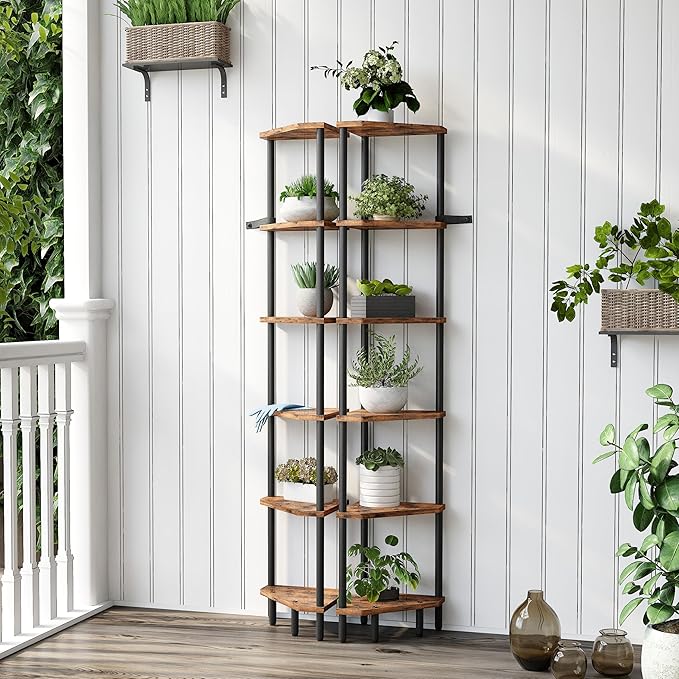 6 Tier Corner Shelf, 66.5'' Tall Standing Shelf, Narrow Display Shelf Stand, Modern Corner Bookshelf, Plant Stand, Corner Bookcase for Living Room, Bedroom, Bathroom, Rustic Brown LCS502R-NeatNest