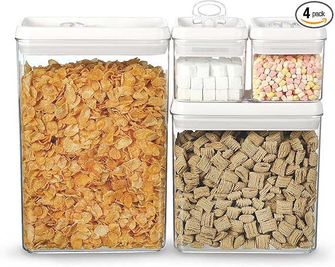 Felli Flip Tite Storage Container with Lid 4" RECTANGULAR Air Tight Ring Flip Top, Stackable Acrylic Canister for Kitchen Counter Pantry, Cereal Granola Pasta Spice, Gift Set for Women (4pk, Variety)-NeatNest