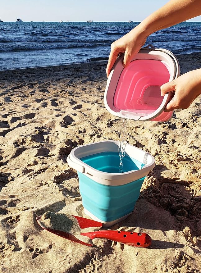 SAMMART Set of 2-2.6L (0.68 Gallon) Super Mini Sqare Collapsible Plastic Bucket - Foldable Square Tub - Portable Fishing Water Pail - Space Saving Outdoor Waterpot (2, Pink + Bright Blue)-NeatNest
