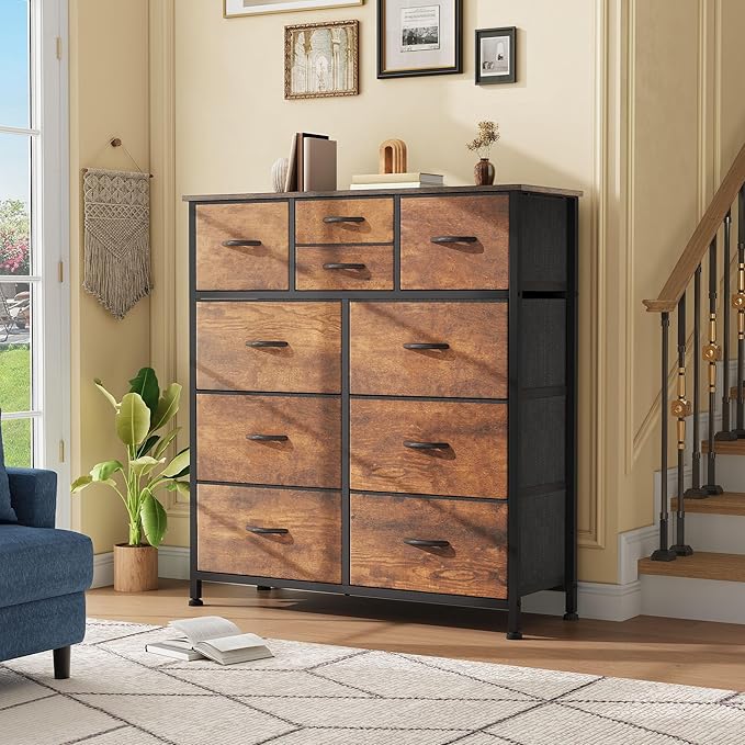 DWVO Dresser with 10 Drawers - Fabric Storage Tower, Organizer Unit for Living Room, Hallway - Sturdy Steel Frame, Wooden Top & Easy Pull Fabric Bins-NeatNest