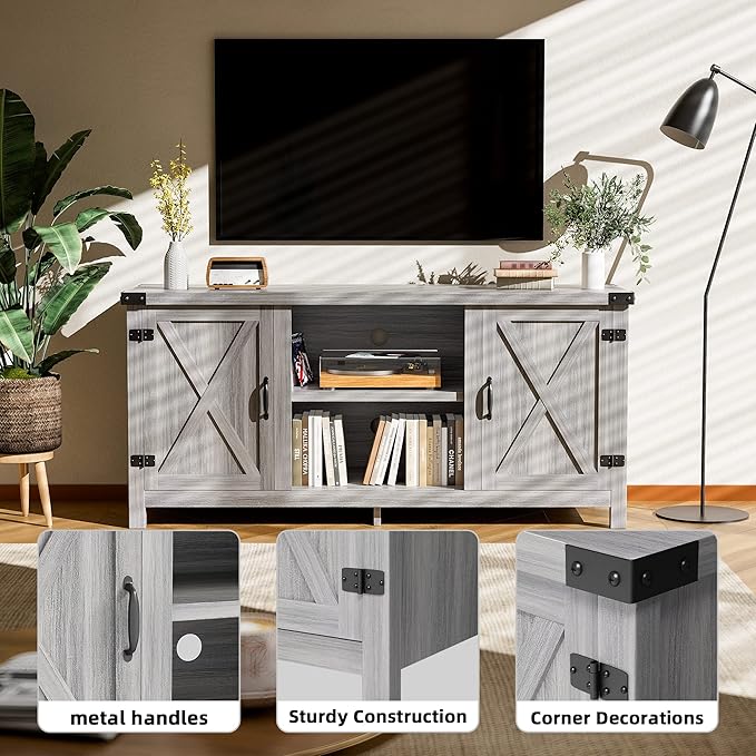 JUMMICO TV Stand, 65 Inch TV Farmhouse Entertainment Center with Double Barn Doors and Storage Cabinets, Console TV Table Media for Living Room, Bedroom (Grey)-NeatNest