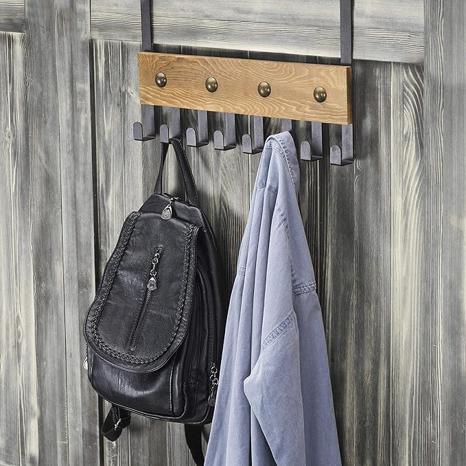 MyGift Heavy Duty Burnt Wood Over The Door Hook Rack Bathroom Towel Rack Sturdy Door Hanger with 8 Black Metal Hooks