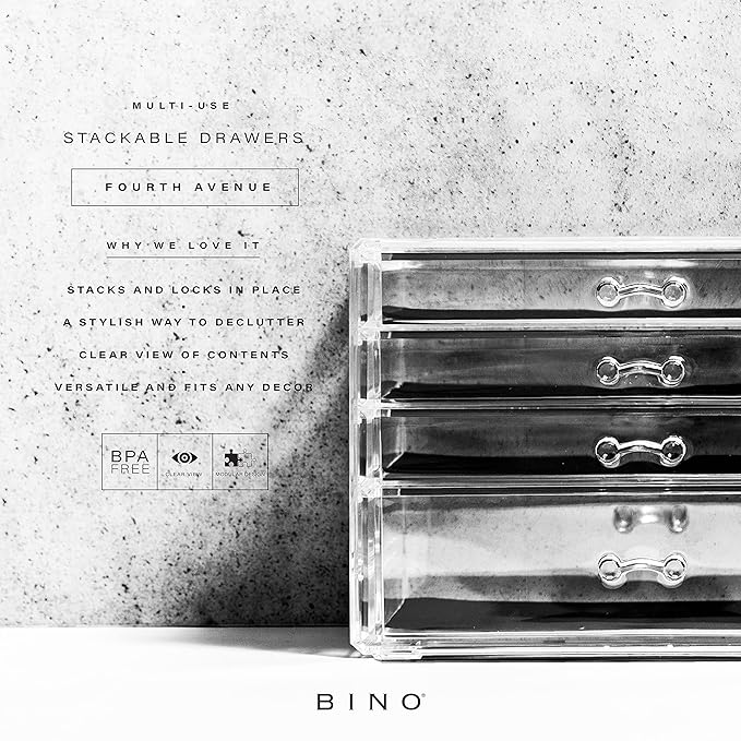 BINO THE MANHATTAN SERIES Acrylic Makeup Drawer Organizer- 4 Drawers | Clear Beauty Organizers and Storage| Cosmetic & Drawer| Home Organization| Jewelry Vanity Accessories-NeatNest