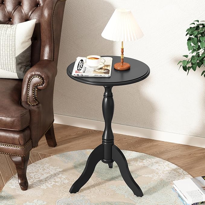HLR Round Small End Table, Wooden Pedestal Side Coffee Tables, Vintage Accent Nightstand for Living Room, Bedroom, Entryway (1, Black)