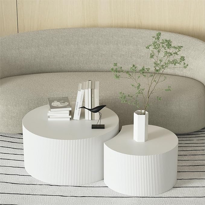 KEVINSPACE Coffee Table Set of 2 Modern, Living Room Nesting Table Round 2-Piece, No Assembly Required Wooden Circle End Table Set Accent Furniture for Bedroom Balcony Library,White