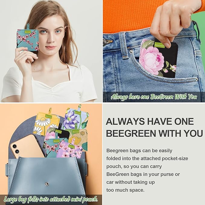 BeeGreen Floral Foldable Grocery Reusable Bags Large Shopping Tote for Groceries Cute Cloth Bags With Handles Gift Bag Groceries Tote -bag Bulk Polyester Heavy Duty Holiday-NeatNest