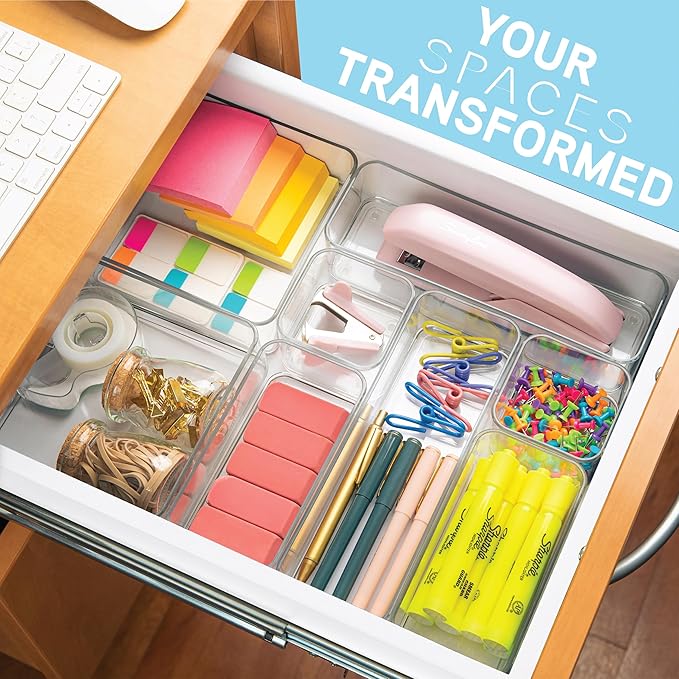 Eight Piecs. Plastic Clear Drawer Organizers for Bathroom, Kitchen, Bedroom, Office Organizer Bins, Storage Trays. Heavy Duty, Stackable 4 Sizes-NeatNest