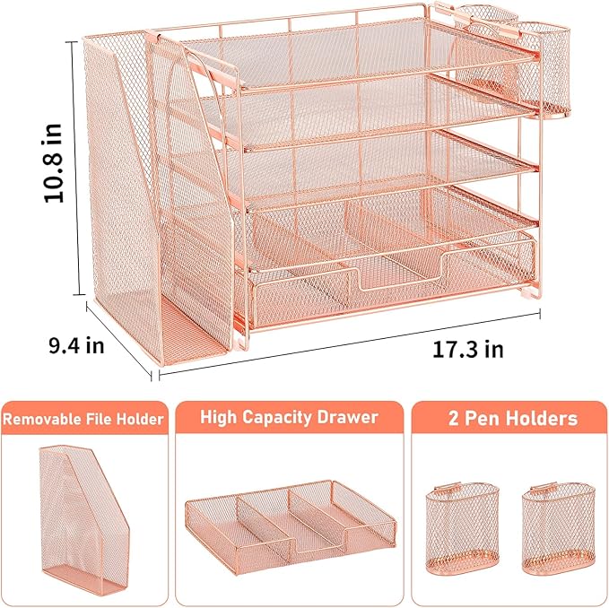 Desk Organizers and Accessories, 5-Tier Paper File Organizer with Drawer & Pen Holder, Office Desk Accessories Workspace Desktop Organizer for Office Supplies (Rose Gold)-NeatNest