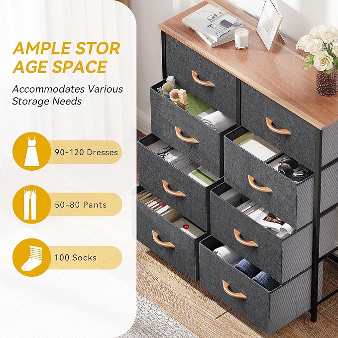 DWVO Dresser for Bedroom, Fabric Dresser with 8 Drawers, Tall Double Drawer Chest of Drawers for Closet, Living Room, Sturdy Steel Frame, Wooden Top, Easy Pull Handle-NeatNest