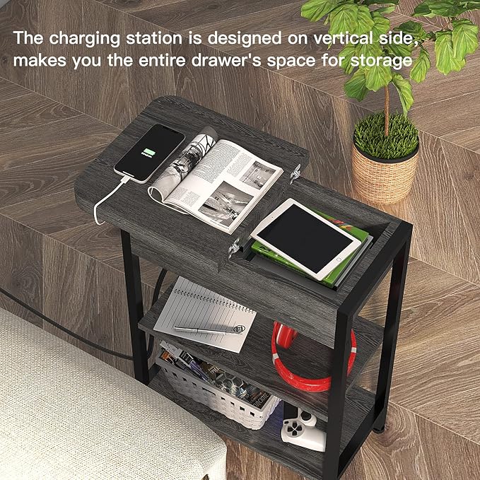 LIDYUK End Table with Charging Station, Flip Top Side Table with USB Ports and Outlets, Nightstand for Small Spaces, Bedside Tables with Storage Shelf for Living Room, Bedroom, Dark Grey