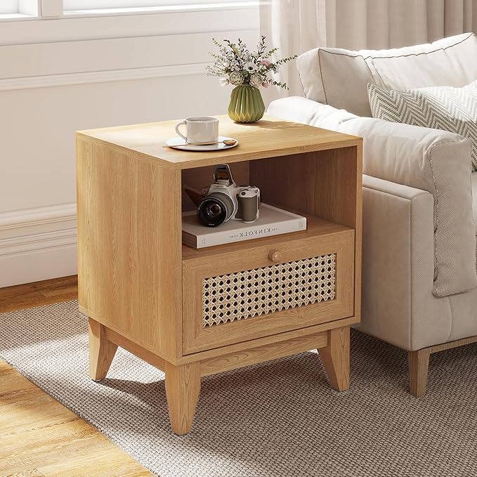 Oak Rattan Nightstands Set of 2 Rustic Bedside Tables with Storage Drawer and Opening Shelf for Bedroom Farmhouse Wood End Tables of 2 for Living Room