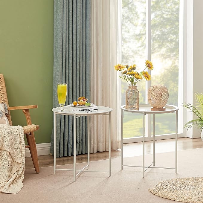 VECELO Side/End Table, Folding Round Metal Anti-Rust and Waterproof Outdoor or Indoor Tray for Living Room Bedroom Balcony and Office, 1 PCS, Beige