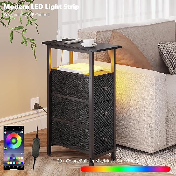 End Table with Charging Station, Narrow Side Table with 3 Fabric Drawers, Skinny Nightstand with LED Light, Slim Bedside Table for Bedroom, Living Room, Small Spaces, Black