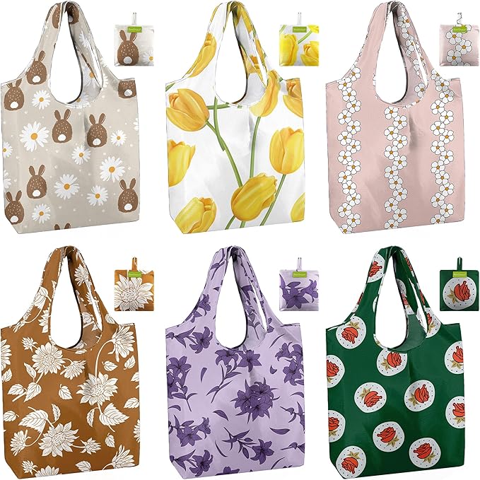 BeeGreen Reusable Grocery Bags 6 Pack, Heavy Duty Totes for Women, Foldable Grocery Bag Large Shopping Totes with Handles for Work, Travel, Gift, Store, Polyester Washable Reusable Tote Bag-NeatNest