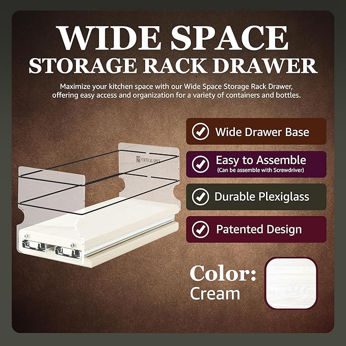 Vertical Spice - Sliding Spice Rack - Pull Out Spice Rack for Inside Cabinets, Sliding Shelves, Rack for Kitchen Cabinets - Made in USA - 1 Tier -10.6"D x 4.6" W x 5.0" H (Cream , Partially Assembled)