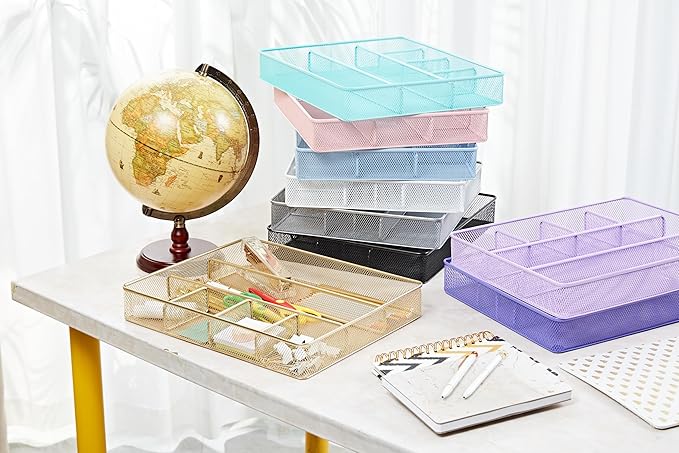 Annova Desk Top Organizer Tray for Office Organization - Metal Mesh - Storage Tray with Dividers for Pens, Desktop Accessories, Bathroom, Kitchen, Makeup and Office Supplies (Large, Purple)-NeatNest